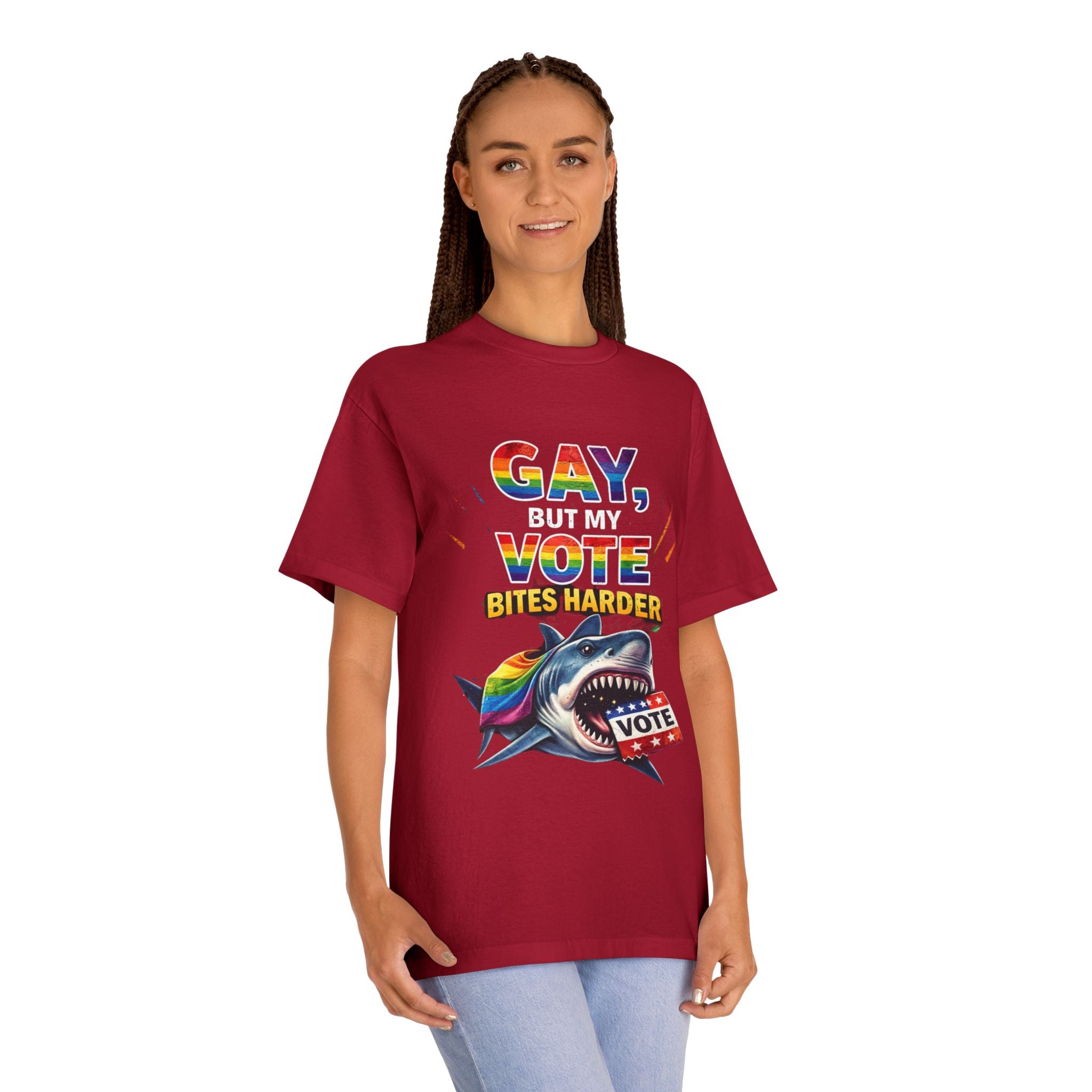 Gay But My Vote Bites Harder T-Shirt — Rainbow Shark Voter Pride Tee