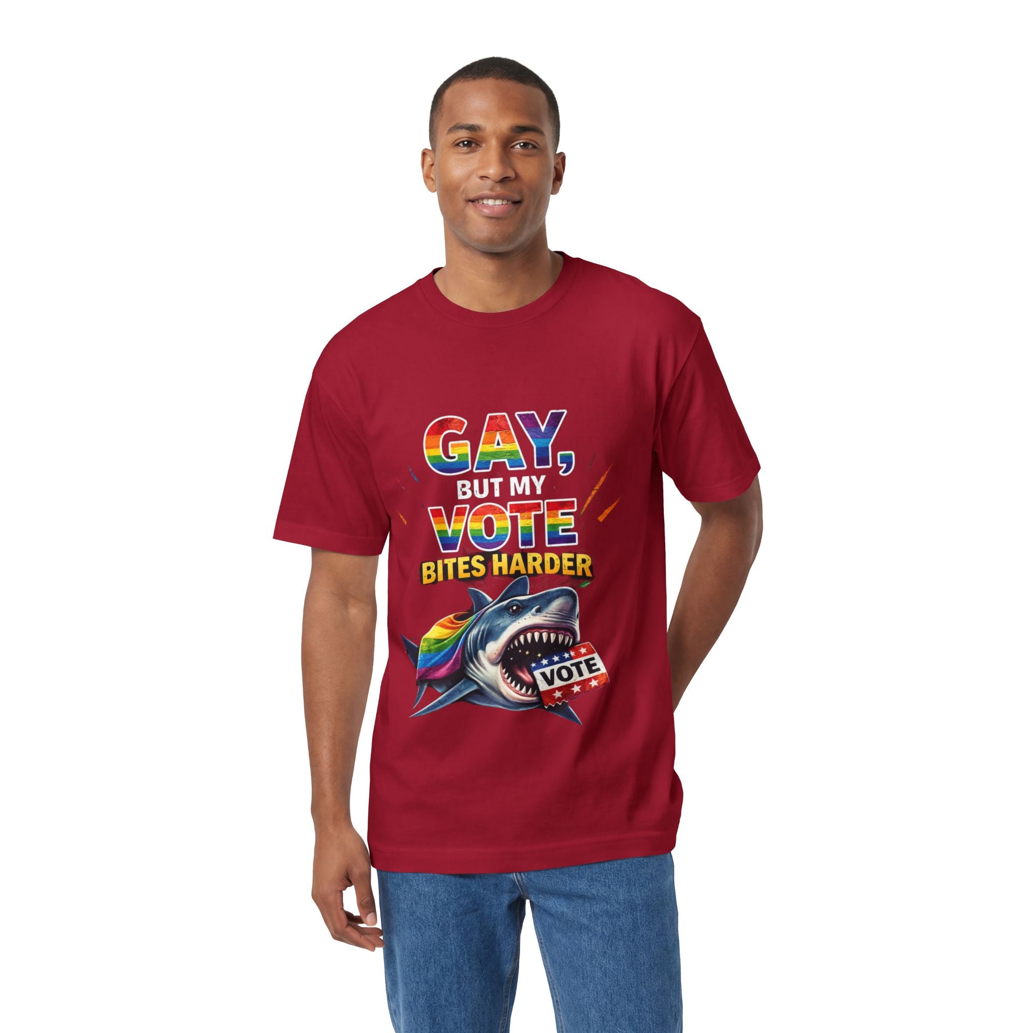 Gay But My Vote Bites Harder T-Shirt — Rainbow Shark Voter Pride Tee