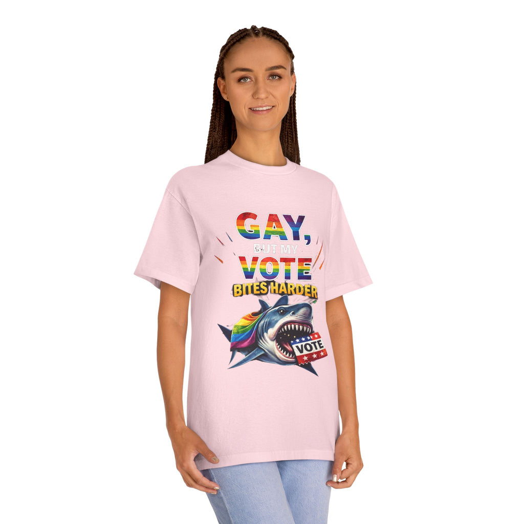 Gay But My Vote Bites Harder T-Shirt — Rainbow Shark Voter Pride Tee
