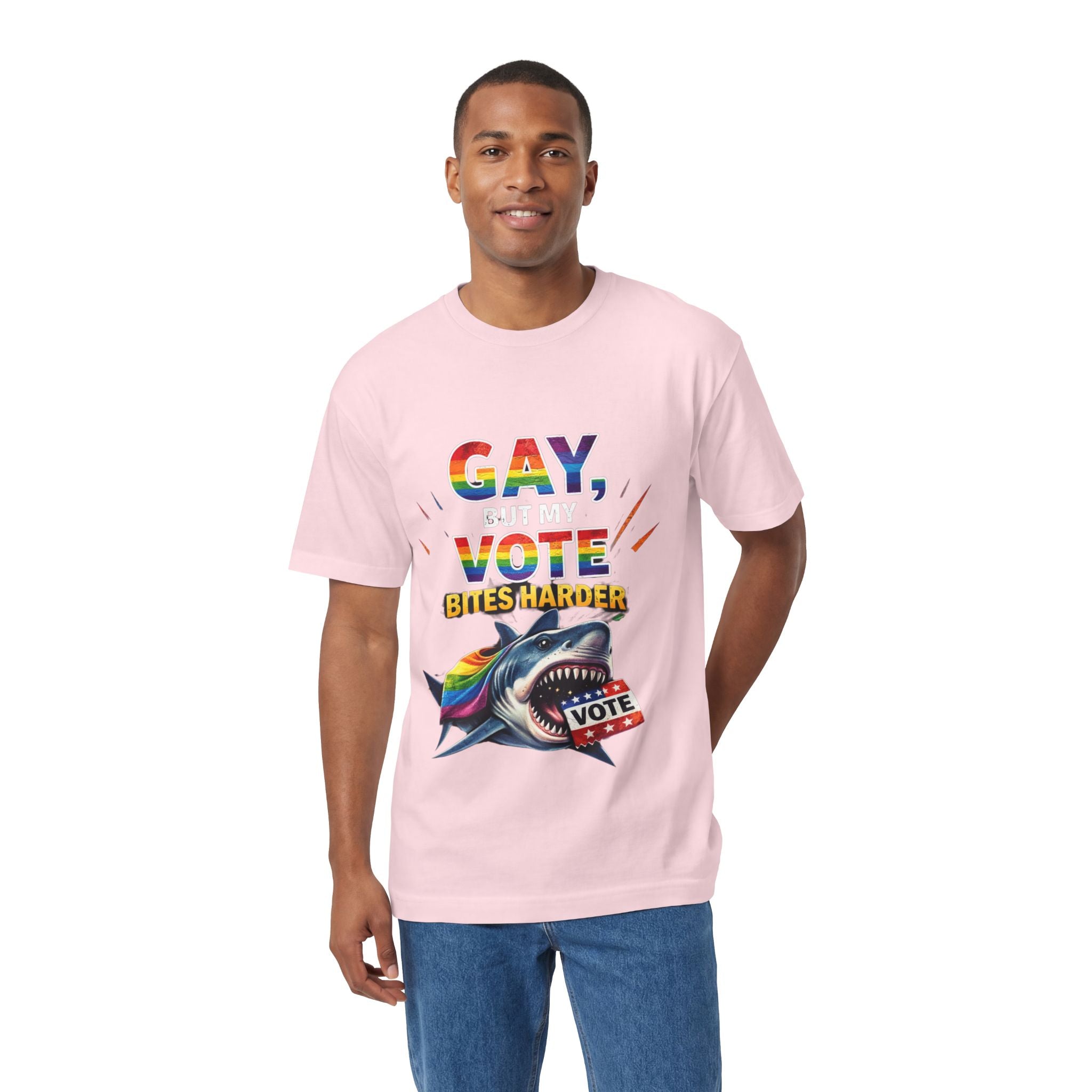 Gay But My Vote Bites Harder T-Shirt — Rainbow Shark Voter Pride Tee