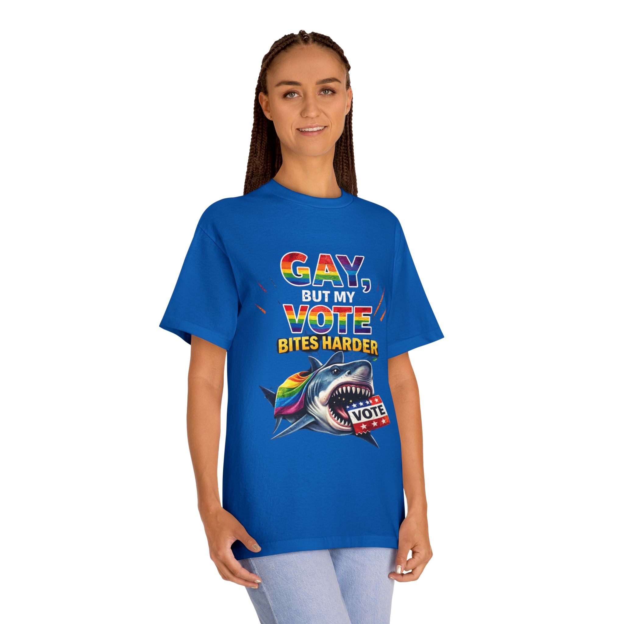 Gay But My Vote Bites Harder T-Shirt — Rainbow Shark Voter Pride Tee