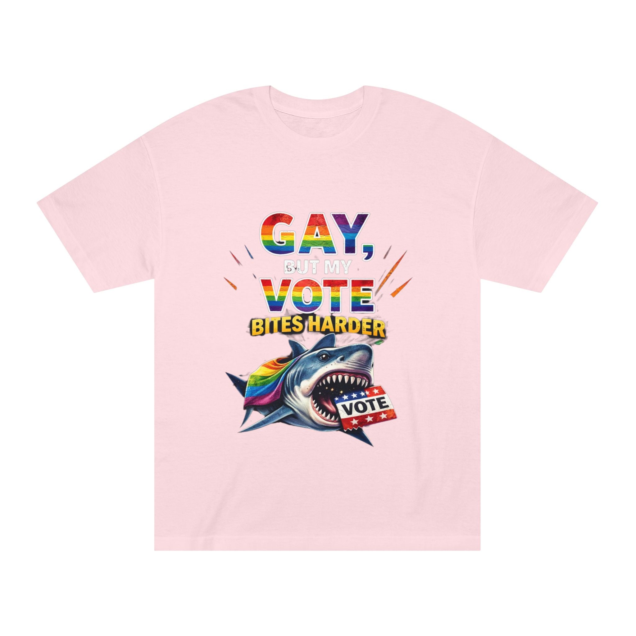 Gay But My Vote Bites Harder T-Shirt — Rainbow Shark Voter Pride Tee