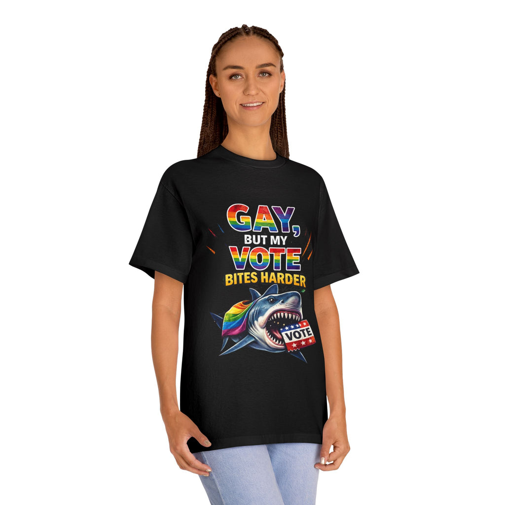Gay But My Vote Bites Harder T-Shirt — Rainbow Shark Voter Pride Tee