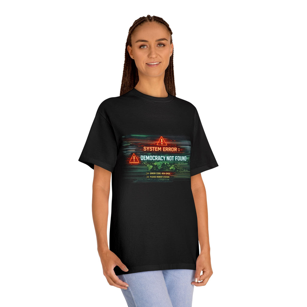 System Error "Democracy Not Found" Graphic Tee — Political Satire T-Shirt