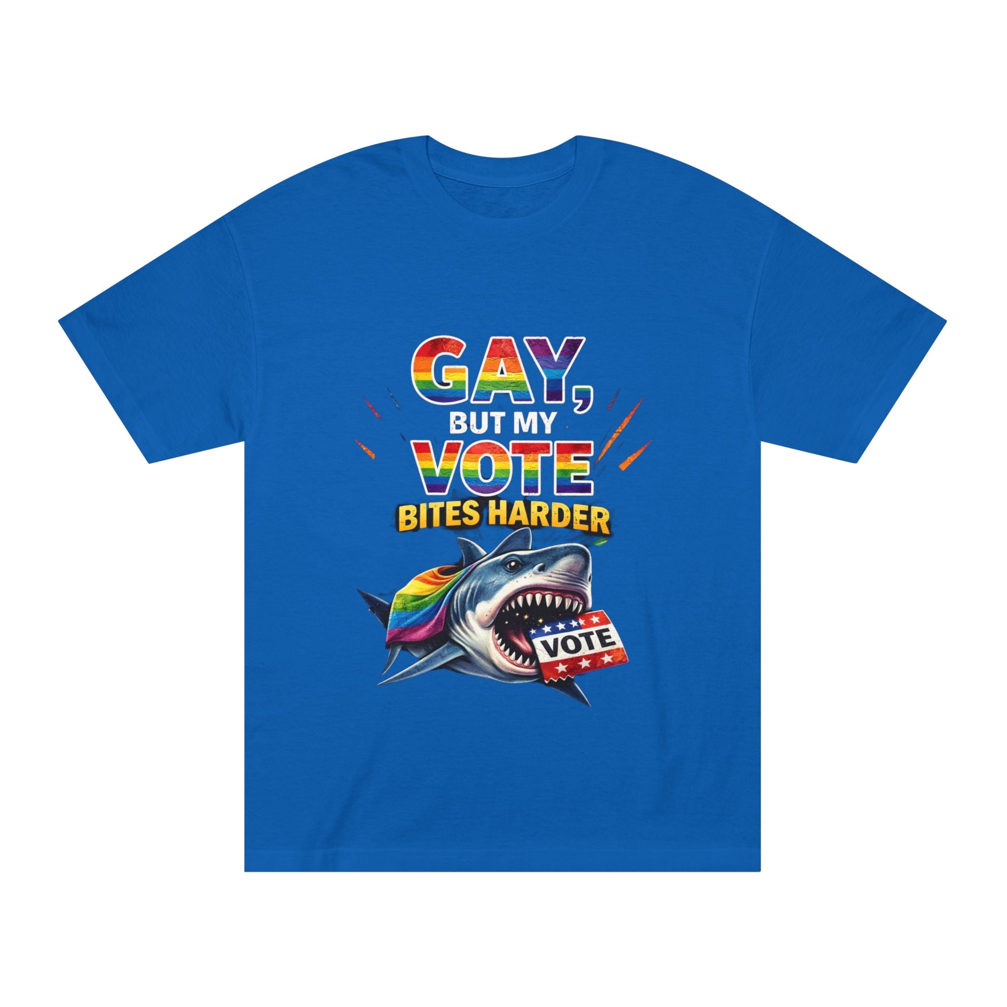 Gay But My Vote Bites Harder T-Shirt — Rainbow Shark Voter Pride Tee