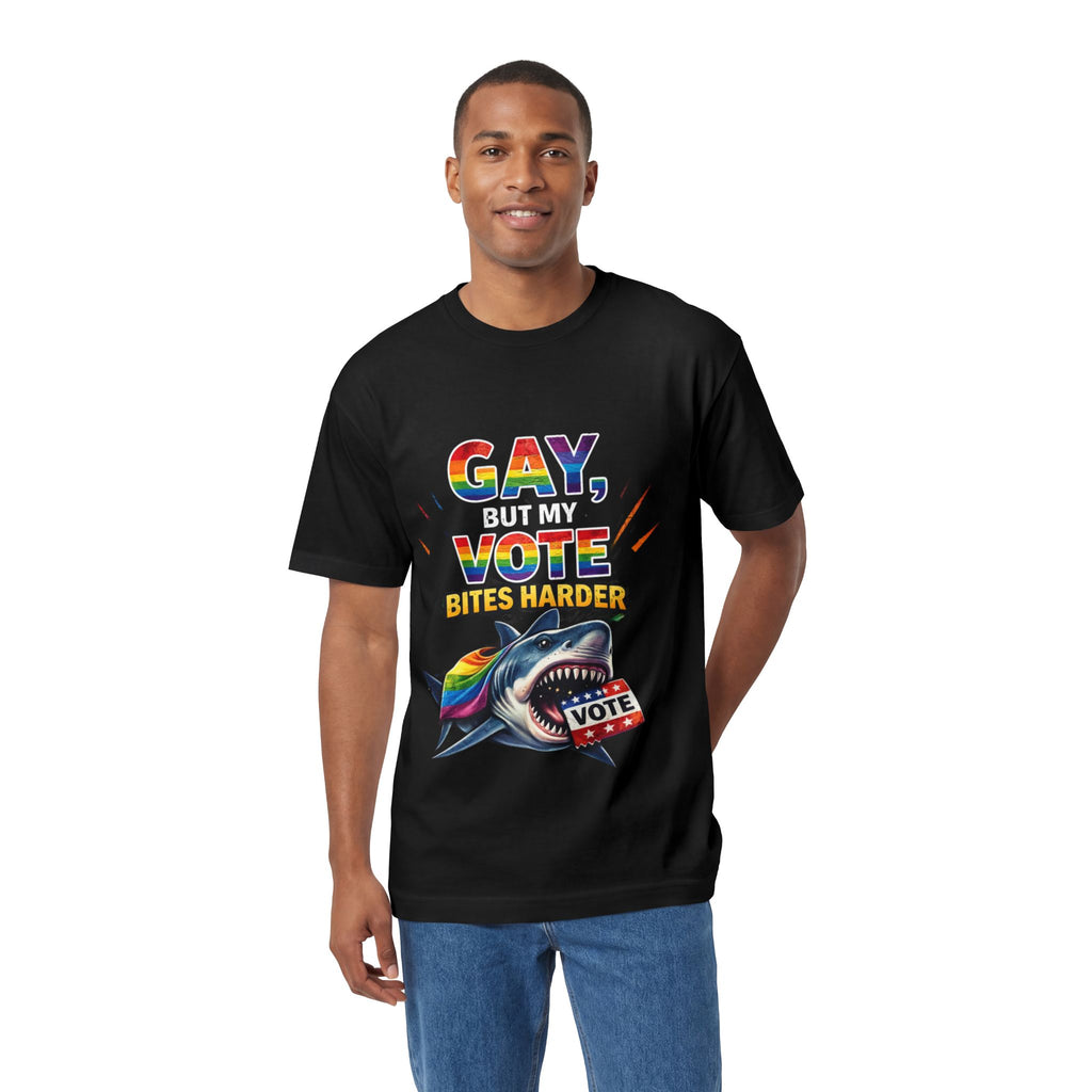 Gay But My Vote Bites Harder T-Shirt — Rainbow Shark Voter Pride Tee